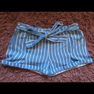 blue & white stripped linen shorts